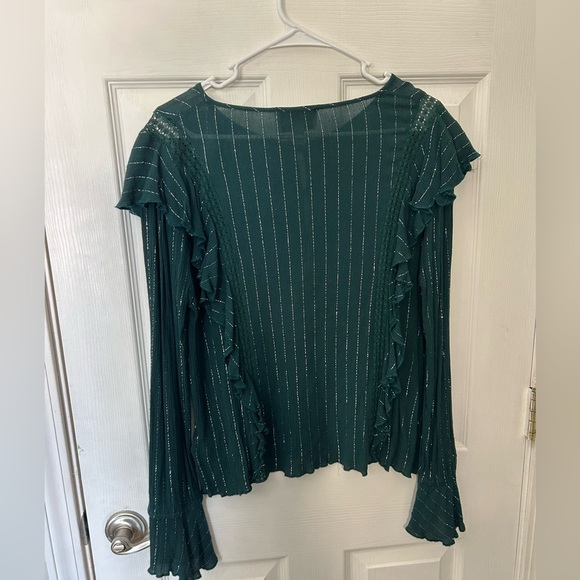 Cleobella Emerald Green Long Sleeve Metallic Striped Ruffle Blouse Size Medium - Picture 8 of 12